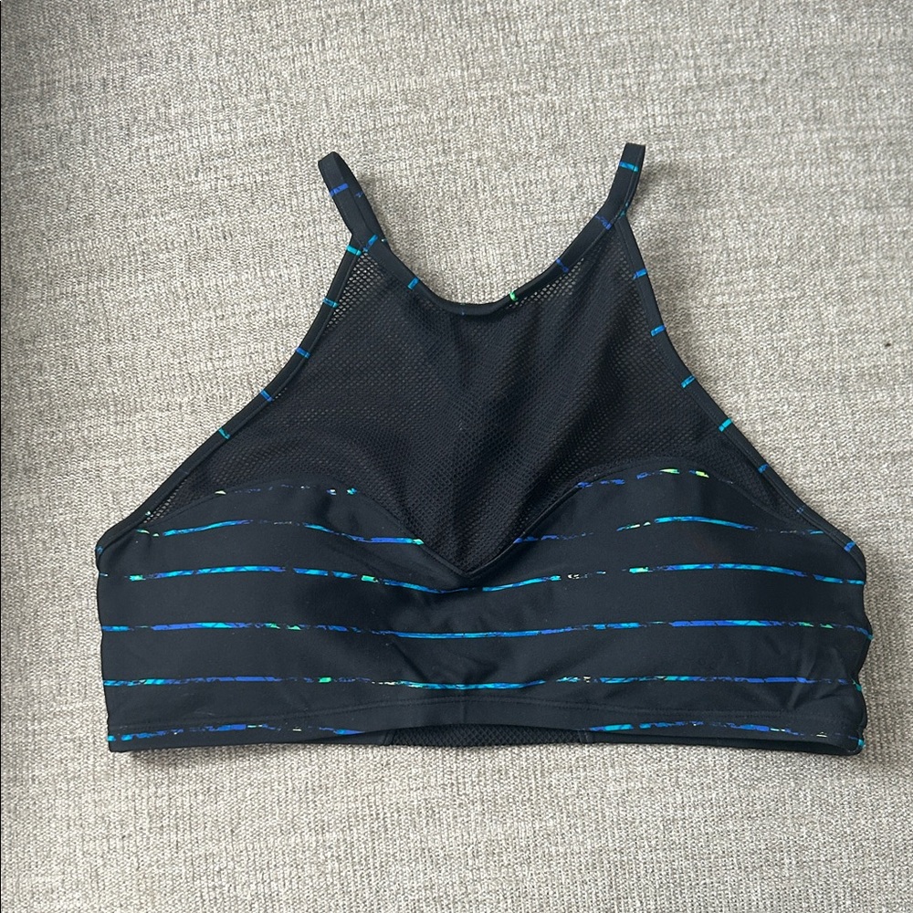 Athleta Black and Blue Striped Sports Bra